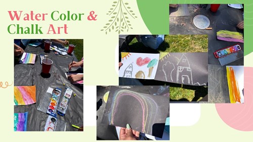 Students using watercolor paints and chalk to make art